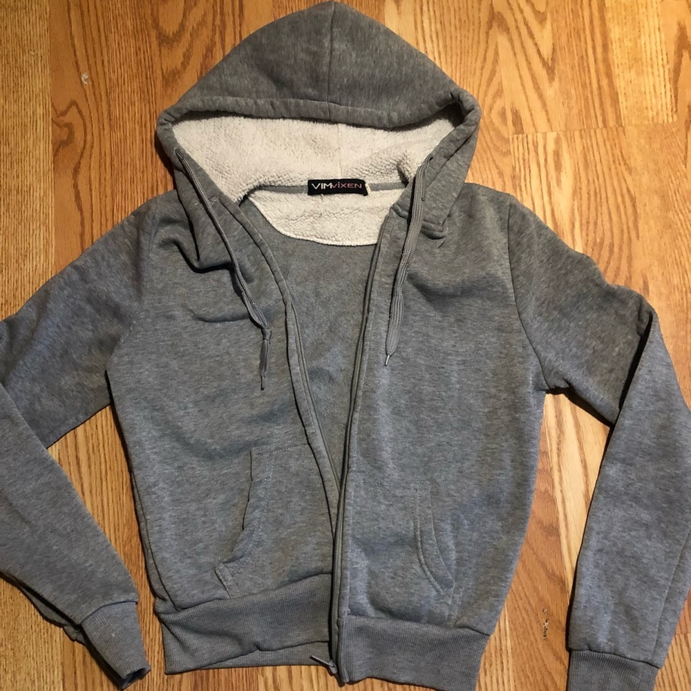 Gray women’s sweater size medium with a white hood